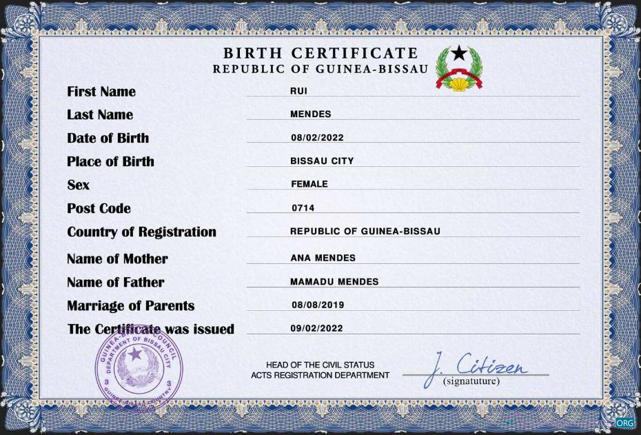 Download Guinea Bissau birth certificate PSD template Photoshop template